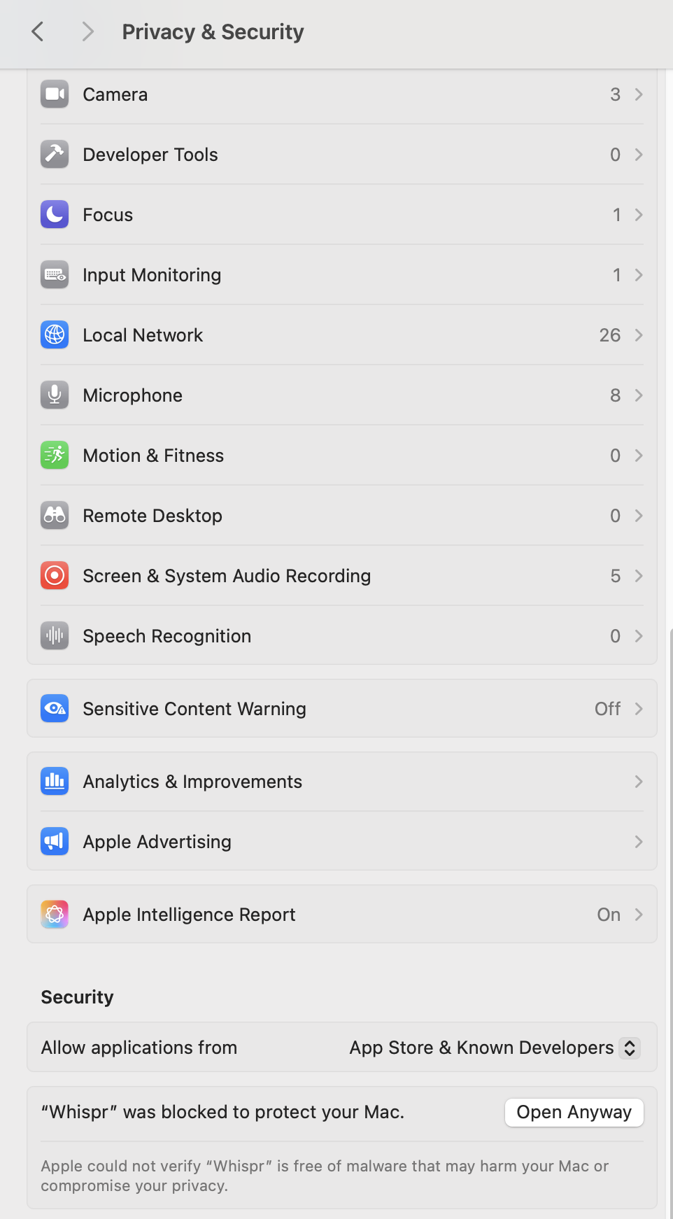 macOS Privacy and Security settings showing Open Anyway button