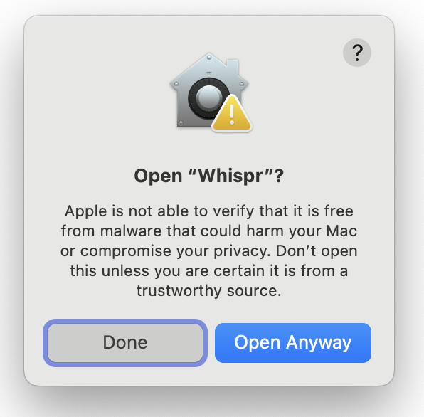 macOS confirmation dialog with Open Anyway button
